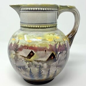 Vintage Slovakia Pottery Pitcher Hand Painted Farmhouse Country Scene Beaded